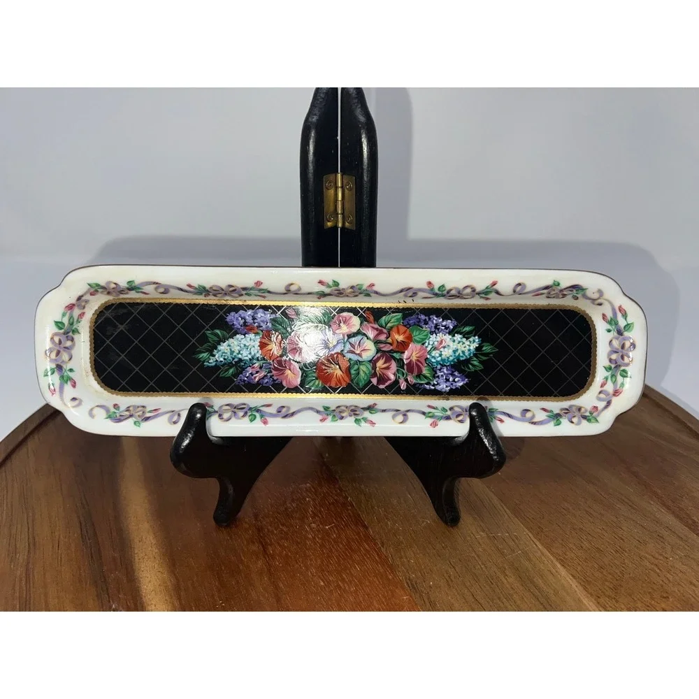 Decorative Floral Trinket Dish Vanity Tray Ceramic Gold Trim